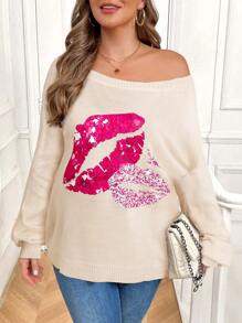 SHEIN LUNE Suéter casual de cuello de barco de talla grande con estampado de labios negro para mujer, para otoño e invierno - Beis - Ver 4
