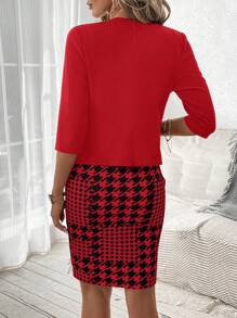 SHEIN Clasi 2pcs Women's Black Short Sleeve Jacket Paired With Houndstooth Knee-Length Bodycon Dress, Elegant Office/Casual Outfit For Autumn/Winter/Spring