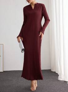 Modelyn Damen plissiertes langärmliges schlankes A-Linien-Kleid in Burgunderrot, Damen-Outfit für lange Abendkleider