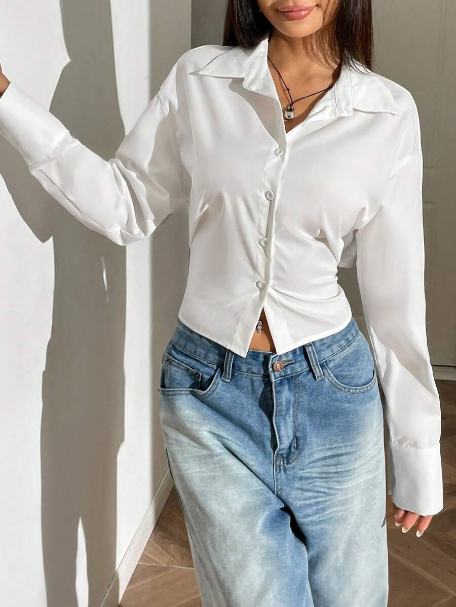 SHEIN EZwear 女士简约时尚休闲日常交叉领带短款衬衫 - 白色 - 查看 1