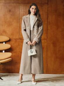 MOTF PREMIUM FAUX PEARL GRAPHIC PATTERN LAPEL COLLAR LONG OVERCOAT - Brown - View 7