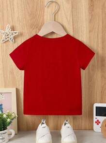圣诞卡通救火车图案印花休闲男孩 T 恤 - 紅色 - 查看 2