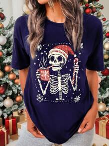 Chiquease 圣诞骷髅圣诞帽咖啡和雪花印花圆领短袖 T 恤女式图案 T 恤女式上衣 - 藏蓝色 - 查看 4