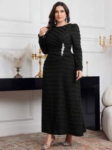 Modelyn Plus Size Women Solid Color Round Neck Puff Sleeve Ruffle Hem Elegant Dress For Autumn Long Evening Dresses - Black - View 6