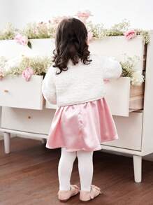 SHEIN Fern Glow  Babygirl Autumn/Winter Cute Satin Sleeveless Dress With Elastic Waist & Fluffy Jacket Outerwear - White - View 2