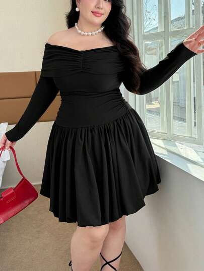 SHEIN Privé Plus Size Off-Shoulder Ruched Floral Hem Black Dress
