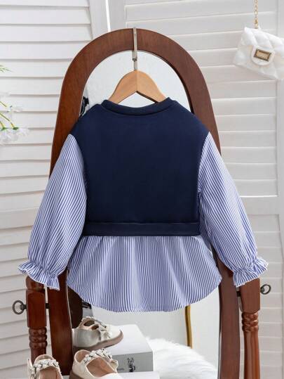 Souflis Young Girl Solid Color Knit Vest With Striped Shirt (2-In-1)
