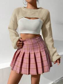 SHEIN Qutie 短款圆领纯色休闲套头衫长袖针织毛衣秋冬款 - 米色 - 查看 6