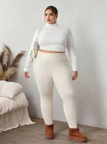 SHEIN CURVE+ Plus Size Effen Geribbelde Legging Voor Vrouwen, Voor De Winter