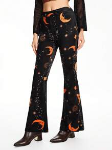 ROMWE Hippie Women Hippie Star & Moon Print Velvet Flare Pants