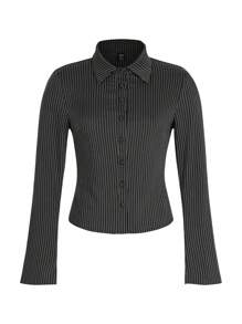 SHEIN PETITE Elegant Grey Stripe Lapel Blouse, Slim-Fit, Casual American Style Women Shirt Fall Cloth For Women - Dark Grey - View 3