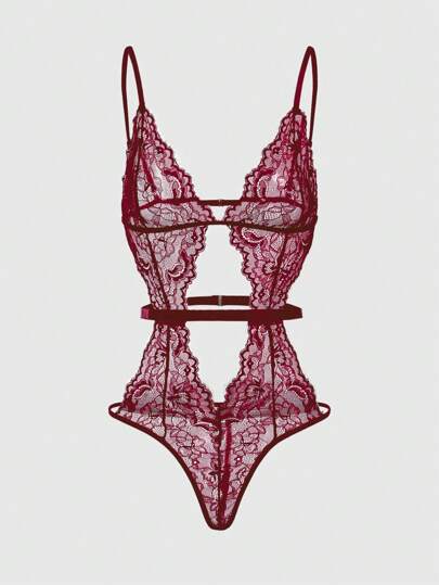 Goth Women's Hollow Out Strap Sexy Romantic Lace Bodysuits For Valentine's Day