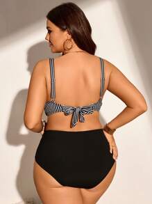 Swim Lushoire 大码女式条纹交叉胸围无线休闲比基尼两件套泳衣夏季