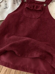 SHEIN LMoss Kids LMoss Baby Girl Cute Burgundy Corduroy Overall Dress