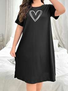 Plus Size Simple Heart Print Round Neck Short Sleeve Nightdress, Moo Moo Sleep Dress - Black - View 6