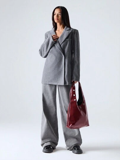 SHEIN EZwear Women's Plain Lapel Neck Long Sleeve Loose Jacket, Casual For Autumn/Winter