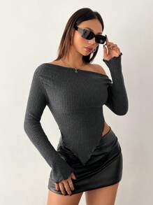 SHEIN PETITE Women's Two-Piece Brushed Knitted Off-The-Shoulder Asymmetric Hem T-Shirt Set, Black + Gray, Suitable For Autumn And Winter