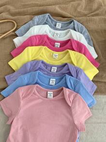 SHEIN LMoss Kids 7pcs/Set Newborn Baby Girl Cute Solid Color Knitted Bodysuit Set, Summer - Multicolor - View 4