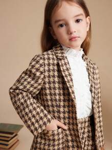 PrepCrw 年轻女孩学院风棕色千鸟格编织修身单排扣夹克，秋冬款