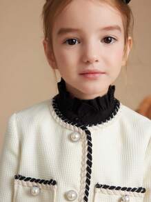 PrepCrw 年轻女孩学院风白色编织缎带装饰前按扣夹克，秋冬 - 白色 - 查看 6