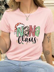 SHEIN LUNE Camiseta de mujer de manga corta con cuello redondo, gráfico con eslogan de carta a Nana y sombrero de Papá Noel, camisetas gráficas de temporada navideña para mujeres
