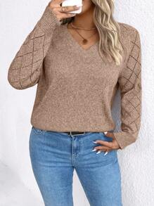 SHEIN LUNE Áo len dài tay cổ chữ V cỡ lớn, thoải mái, kiểu dáng thường ngày, thích hợp cho mùa thu đông. - Lạc đà - Xem 3