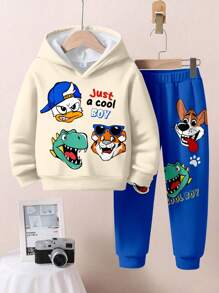 SHEIN Bộ 2 món Áo nỉ trùm đầu họa tiết động vật thường ngày rộng rãi cho bé trai hình vịt, khủng long, hổ, chó con, cá sấu dài tay cho mùa thu/đông - Nhiều màu - Xem 3