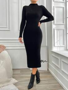 EURMUSE Mock Neck Ribbed Knit Bodycon Sweater Dress - Black - View 5