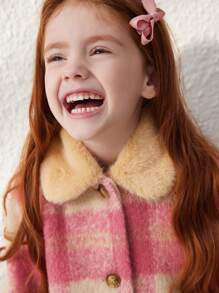 Blossori Young Girls Elegant French Style Orange Plaid Patch Pocket Fuzzy Collar Fitted Button-Front Overcoat For Autumn/Winter