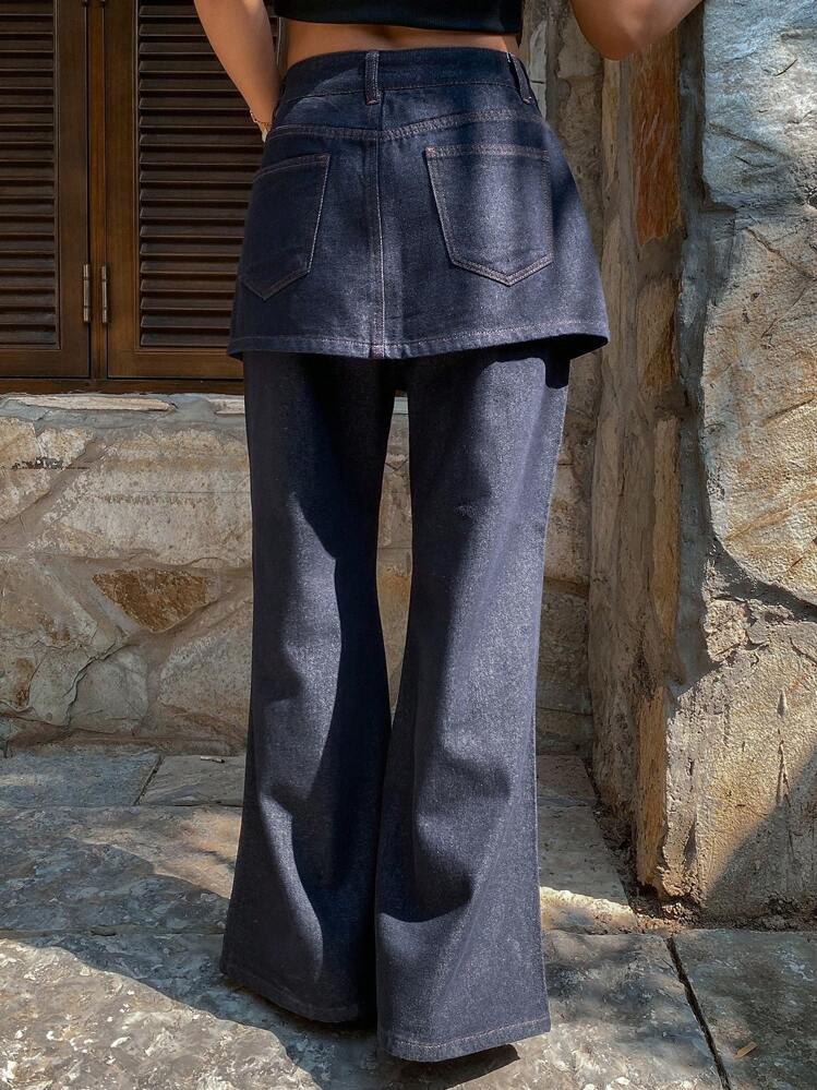 DAZY 2 st/set Dam Denim Utsvängda Byxor & Kjol Damjeans - Blå - Visa 2