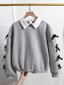 SHEIN Teen Girls Casual Cute Bowknot Collegiate Style 2 In 1 Fake Collar Grey Sweatshirt - Grey - View 10
