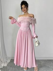 Chiquease 女士优雅毛领露肩派对修身连衣裙长款女装 - 粉色 - 查看 1