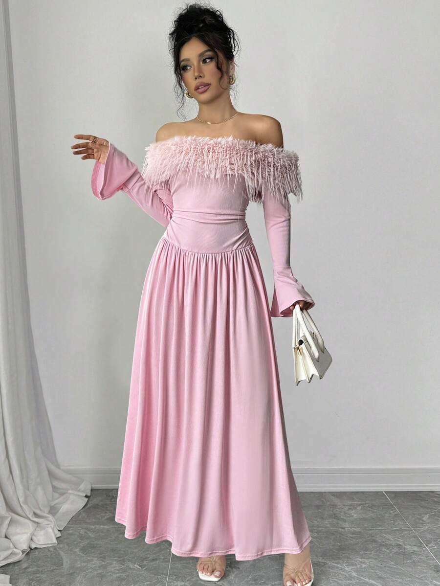 Chiquease 女士优雅毛领露肩派对修身连衣裙长款女装 - 粉色 - 查看 1