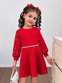 SHEIN Modisches Partykleid und Streetwear für Kleine Mädchen, einfarbig, Rundhalskragen, Langarm, mit Perlen verziert, Strickkleid