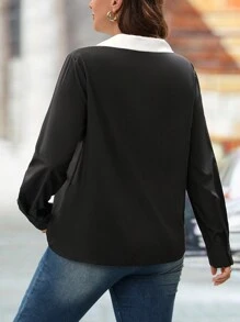 SHEIN LUNE Collared Long Sleeve Office Casual Shirt Fall Cloth For Women - Black - View 2