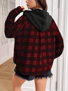 SHEIN EZwear Red Plaid Woven Hooded Shirt, Casual Autumn/Winter