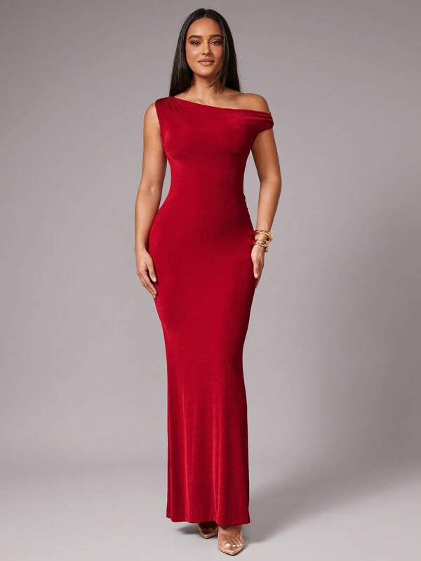 Silquee Damen klassisch elegantes einfarbiges Kleid mit asymmetrischen schrägen Schultern und Raffung am Rücken, geeignet für Cocktailpartys, romantische Dates, Herbst- und Winterabendausgänge, Weihnachtskleid, Thanksgiving-Outfit, Valentinstag, Valentinstagkleid, Valentinsoutfit für Mädchen, burgunderrotes Kleid, Valentinstag, Kleider für Damen, Sommeroutfits für Damen, Urlaubsoutfits für Damen, Sommeroutfits für Damen, Valentinstagkleid, Valentinsoutfit für Mädchen, rotes Kleid