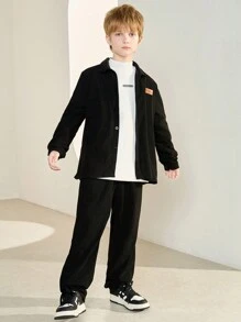 SHEIN Ragazzo Tween monocolore collo a cardigan Camicia e monocolore Pantaloni due pezzi Suit - nero - Visualizzare 8