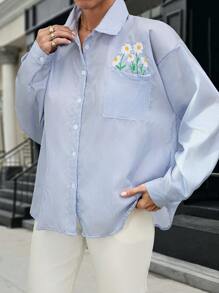 Cottnline Flower Embroidery Detailed Long Sleeve Shirt - Blue - View 3