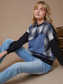 WESTFADE Mixed Media Western Patchwork Crewneck Long Sleeve Sweatshirt