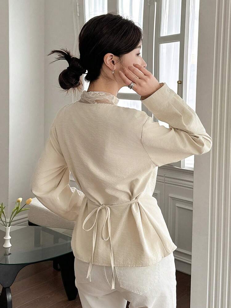 Women's Contrast Lace Oblique Collar Ruched Front High Neck Long Sleeve Blouse,Fall Clothes