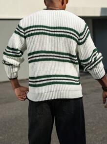 Manfinity Homme Men's Stripe Round Neck Loose Fit Casual Knit Sweater, Autumn/Winter - Black and White - View 3