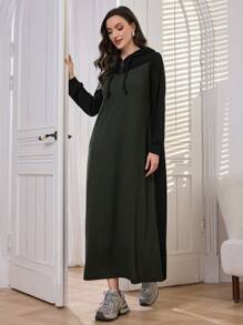 Mulvari Women Casual Contrast Color Half Zip Up Drawstring Hooded Sweatshirt Dress Pullover Fall Outfit - Black - View 6