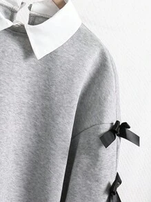 SHEIN Teen Girls Casual Cute Bowknot Collegiate Style 2 In 1 Fake Collar Grey Sweatshirt - Grey - View 5