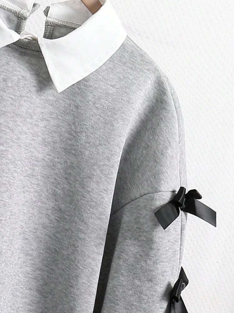 SHEIN Sudadera gris con cuello falso estilo universitario de 2 en 1 con lazo cómoda para adolescentes - Gris - Añade 5