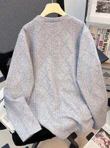 SHEIN Teen Boys' Casual Loose Fit Comfortable All-Match Style Woven Label Decoration Long Sleeve Crew Neck Top