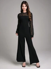 Teen Girl Elegant Party Prom Faux Pearl & Mesh Contrast Jumpsuit