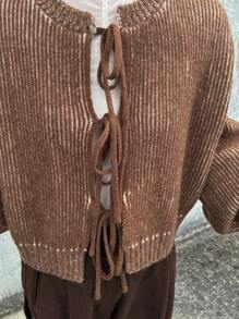 FRIFUL Áo khoác cardigan dáng rộng, tay dài, trễ vai, buộc dây phía trước, thường ngày cho nữ, thời trang thu/đông, mùa thu - màu nâu - Xem 5