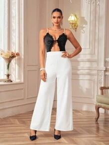 Oxana Mono de pierna ancha con encaje negro y blanco, seda de contraste y tirantes finos para mujer, elegante para fiestas, atuendo de vacaciones, primavera y verano, festival - Blanco y Negro - Ver 6