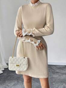 SHEIN Clasi Apricot Floral Embroidery Round Neck Long Sleeve Dress Fall Cloth For Women